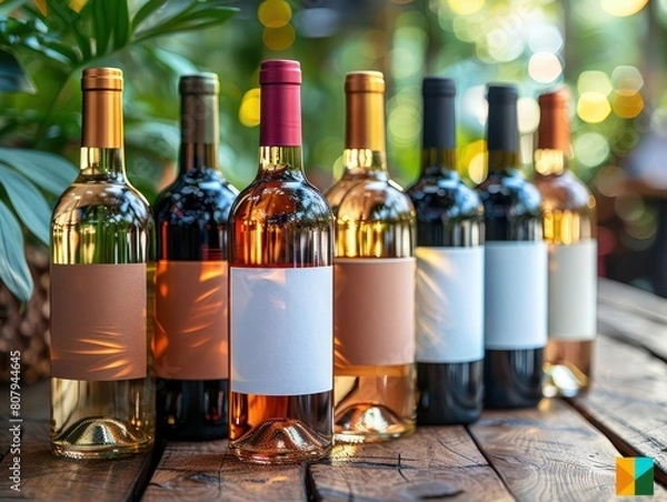 Fototapeta wine bottles lined up with white labels