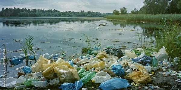 Fototapeta Plastic, bottles, glass polluted lake or river water in forest, dirty, ecological problem, recycle garbage