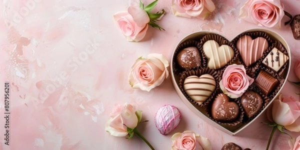 Fototapeta Gourmet Chocolates in a Heart Amidst Tender Roses