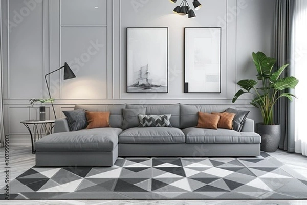 Fototapeta Modern Living Space with Elegant Grey Sofa and Geometric Rug