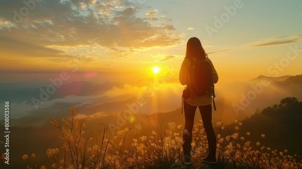 Fototapeta A young female tourist happily watches the mist and light of the morning sun while a female Asian tourist soaks in the beauty of the natural mountain landscape during a blissful vacation trip.