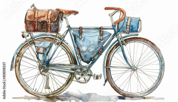 Fototapeta A blue bicycle with a brown leather bag on the back