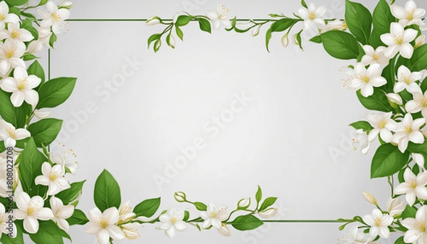 Fototapeta Botanical design featuring isolated jasmine flowers and foliage in a horizontal layout for photo frames and layouts 