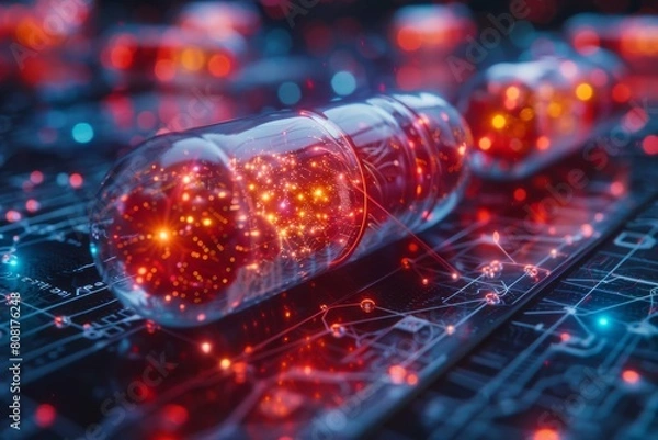 Fototapeta Digital capsules illuminated with red and blue lights depicting pharmaceutical technology evolution