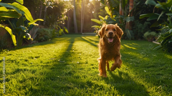 Fototapeta A happy Golden Retriever running towards the camera in a lush, sunlit garden.