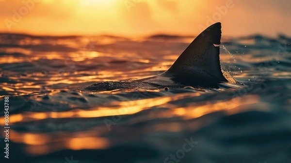 Fototapeta Outdoor photo of detail of a large great white shark fin, heading away, poking out of the water surface, patrolling a large ocean, with a sunset