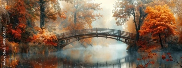 Fototapeta Autumn nature landscape. Lake bridge in fall forest