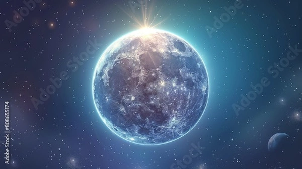 Fototapeta A realistic moon in space with stars and transparency, full moon Earth satellite, Phoebe astrology detailed object with craters, shining round dial on night sky, 3D modern illustration.