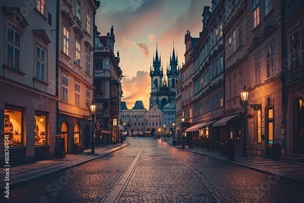 Fototapeta Night City Street With Lights and Buildings