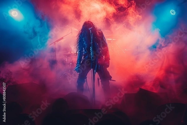 Fototapeta Vivid image of a rockstar performing on stage at a heavy metal concert with atmospheric blue and red lighting