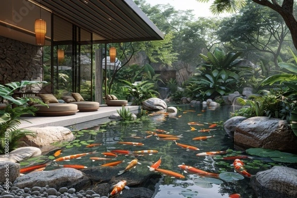 Fototapeta An inviting and serene image of a luxurious villa's outdoor area with a vibrant koi pond set amidst lush greenery