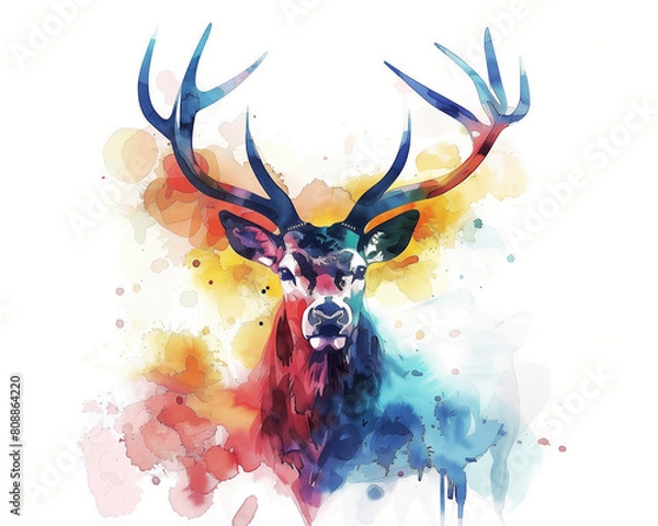 Fototapeta Ethereal Watercolor Painting of a Stag with Vivid Color Splashes and Dreamy Abstract Effects on a Light Background