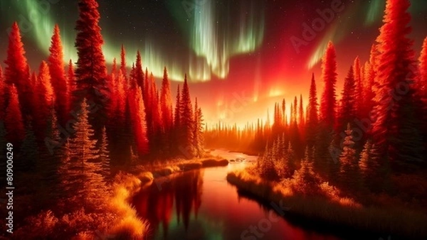 Fototapeta Warm Red Northern Lights in a Coniferous Forest