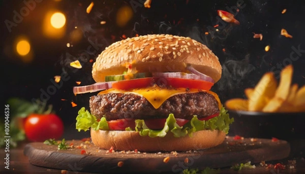 Fototapeta fresh prime chick patty angus or wagyu beef burger sandwich with flying ingredients and spices hot ready to serve and eat food commercial advertisement menu banner with copy space area