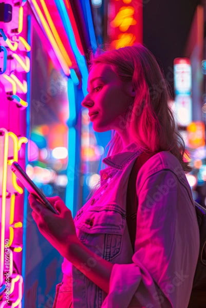 Fototapeta Beautiful Young Woman Using Smartphone Standing on the Night City Street Full of Neon Light
