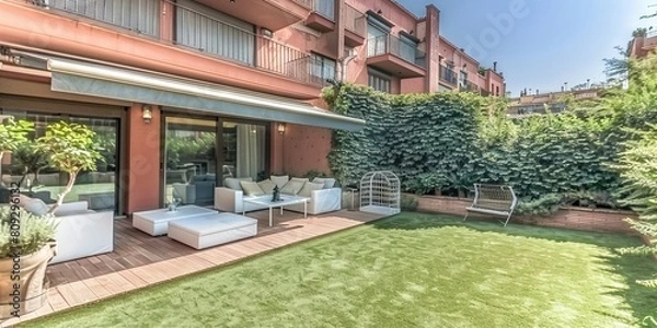 Fototapeta Photograph of a modern townhouse with a terrace and garden, swimming pool in Spain