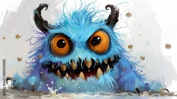 Fototapeta A blue monster with orange eyes and big teeth is sitting in water, AI