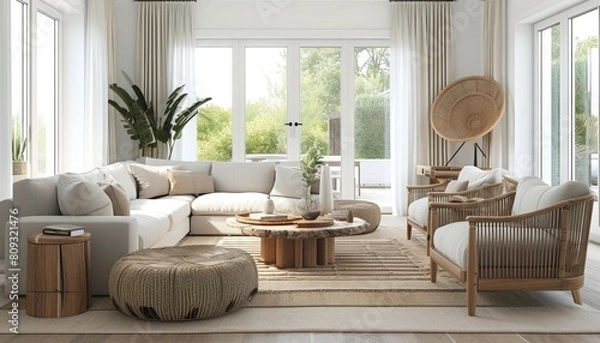 Fototapeta A living room with soft ivory walls, grey furniture for a modern touch, and natural wood accents in tables and decor. Large windows fill the space with natural light, offering a view of a lush garden.