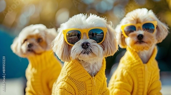 Fototapeta Dogs in Yellow Sweaters and Sunglasses