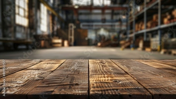 Fototapeta Wooden table top with copy space. Industrial area background hyper realistic 