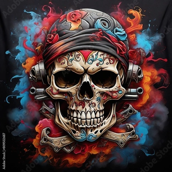 Fototapeta Free photo 3d Skull with weapons skull and cross in the style of Colorful