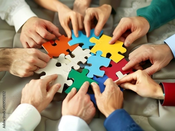 Fototapeta A group of diverse hands holding puzzle pieces of different colors, fitting them together. Teamwork, unity, and collaboration concept.