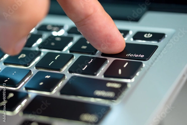 Fototapeta Finger of the computer user, he presses the delete button on the computer keyboard	