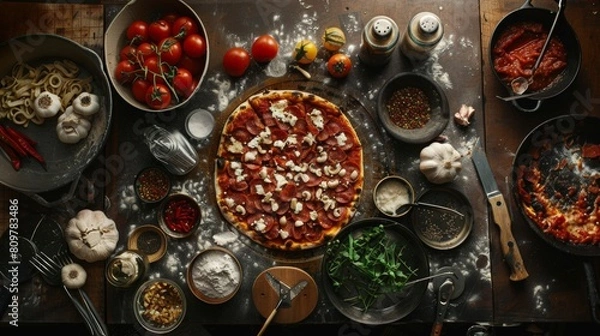 Fototapeta An array of Italian cooking ingredients and dishes such as pizza, pasta, tomatoes, and garlic spread out on a rustic table.