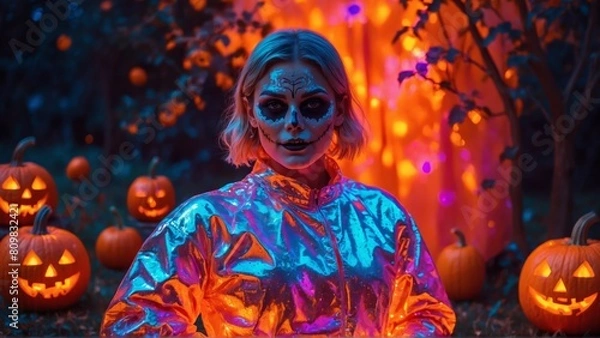 Fototapeta young beautiful woman wearing modern stylish halloween costume at a halloween party. Halloween fashion in neon colors. Generative AI