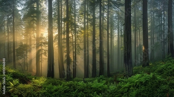 Fototapeta Vertical panorama of redwood forest, trunks stretching into the sky, enveloped in morning mist.