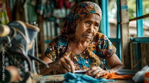 Fototapeta old Woman Sewing Traditional Clothing