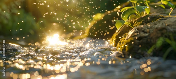 Fototapeta Close-up of crystal clear water bubbling from a natural ground spring, with tiny droplets sparkling in the sunlight