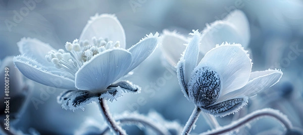 Fototapeta Early morning frost clinging to wildflowers in a permafrost area, with ultra HD clarity focusing on the ice crystals and the delicate petals