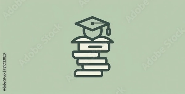 Fototapeta  Simple line art of an icon that includes books and a graduation hat with a globe on it, light green background.