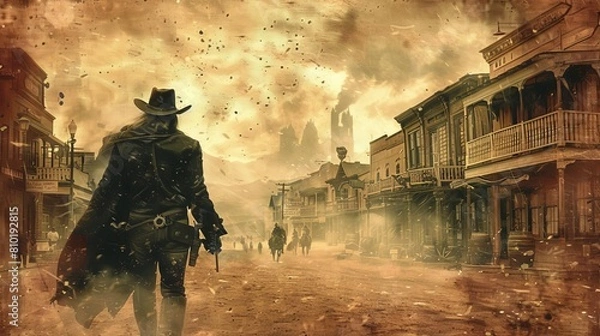 Fototapeta dramatic western showdown scene cowboy ready for duel vintage wild west town gritty cinematic atmosphere digital painting