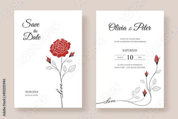 Fototapeta Wedding invitation template with red rose on white background. Save the Date. Minimalistic design in linear style. Vector illustration.