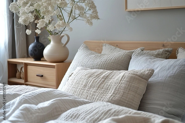 Fototapeta Minimalist Tranquil Bedroom in Soft Grays with Functional Furniture and Morning Glow, Showcasing Smooth Wood Textures and Clean Lines for a Calming Atmosphere