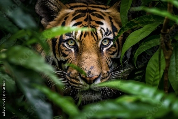 Fototapeta Captivating tiger peering through lush foliage