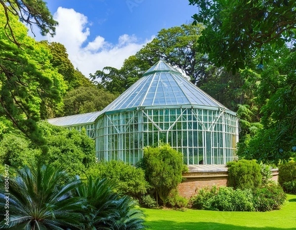 Fototapeta glasshouse in a botanical garden surrounded by lush