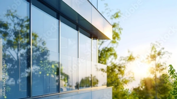 Fototapeta Sleek and Sustainable:Modern Glass House with Reflecting Sky and Surrounding Nature