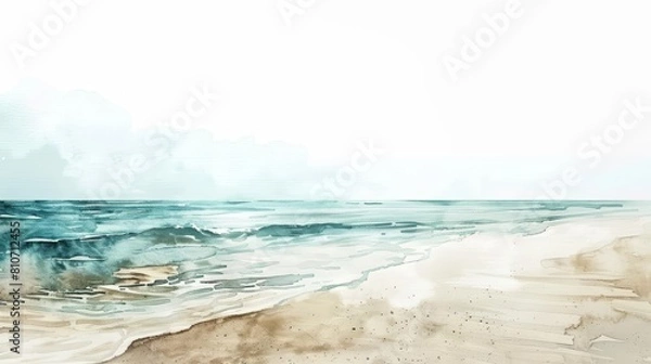 Fototapeta A beautiful watercolor of a serene beach scene, evoking peaceful solitude, isolated minimal with white background