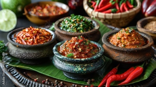 Fototapeta Top view many kinds of Indonesian spicy condiments called sambal served in mini stone plate with banana leaf under the plate.