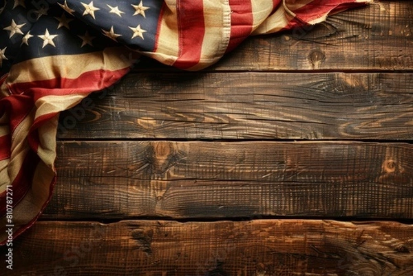 Fototapeta Rustic American Flag Draped Over Wooden Planks
