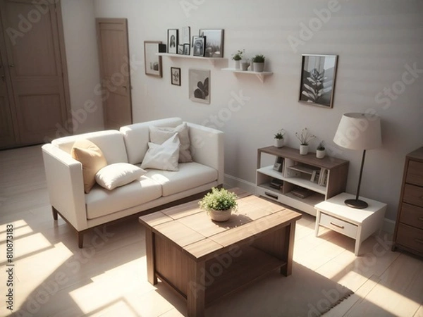 Fototapeta Elegant, cozy living room bathed in warm sunlight, featuring a modern sofa, wooden furniture, and tasteful wall decorations