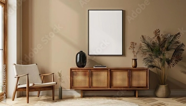 Fototapeta Beige wall with retro sideboard