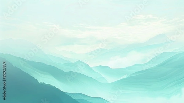 Fototapeta Abstract Landscape Art: Light Blue and Green Mountains Silhouette with Atmospheric Sky