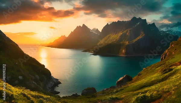 Fototapeta Mountains and sea, sunset colors landscape