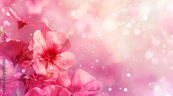 Fototapeta Vibrant Pink Flowers with Glittering Light Particles, Dreamy Floral

