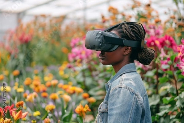 Fototapeta Female farmer wears VR or AR glasses in blooming flowers greenhouse. Modern agricultural practices with virtual reality simulators. Smart farming with AI, futuristic agriculture concept