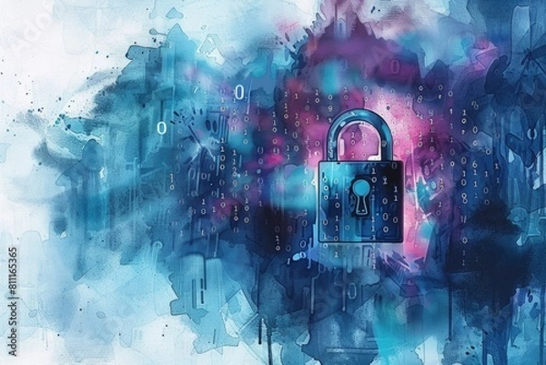 Fototapeta A padlock painted on a blue background, suitable for security concepts and design projects